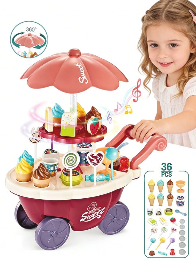 Kitchen Playset Ice Cream Cart Toy for Kids with Light And Music Pretend Play Ice Cream Shop Set Toy Kitchen Cooking Toy Children's Kitchen Playhouse Toys with Candy Ice Cream Role Play Cookware Indoor DIY Toy Games Kitchen Accessories Toys for 3+ Years Old Boys and Girls - Image 1